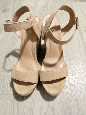 Lulu's Nude Suede Ankle-Strap Wedge Sandals